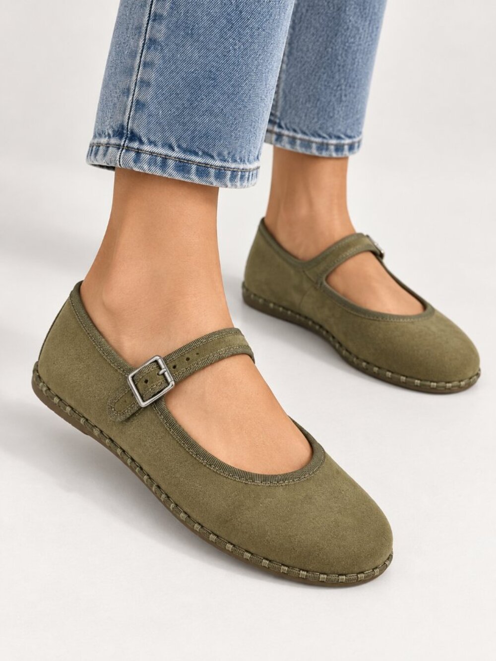 Universal Thread Olive Green Faux Suede Mary Jane Flats Round Toe Buckle Detail
